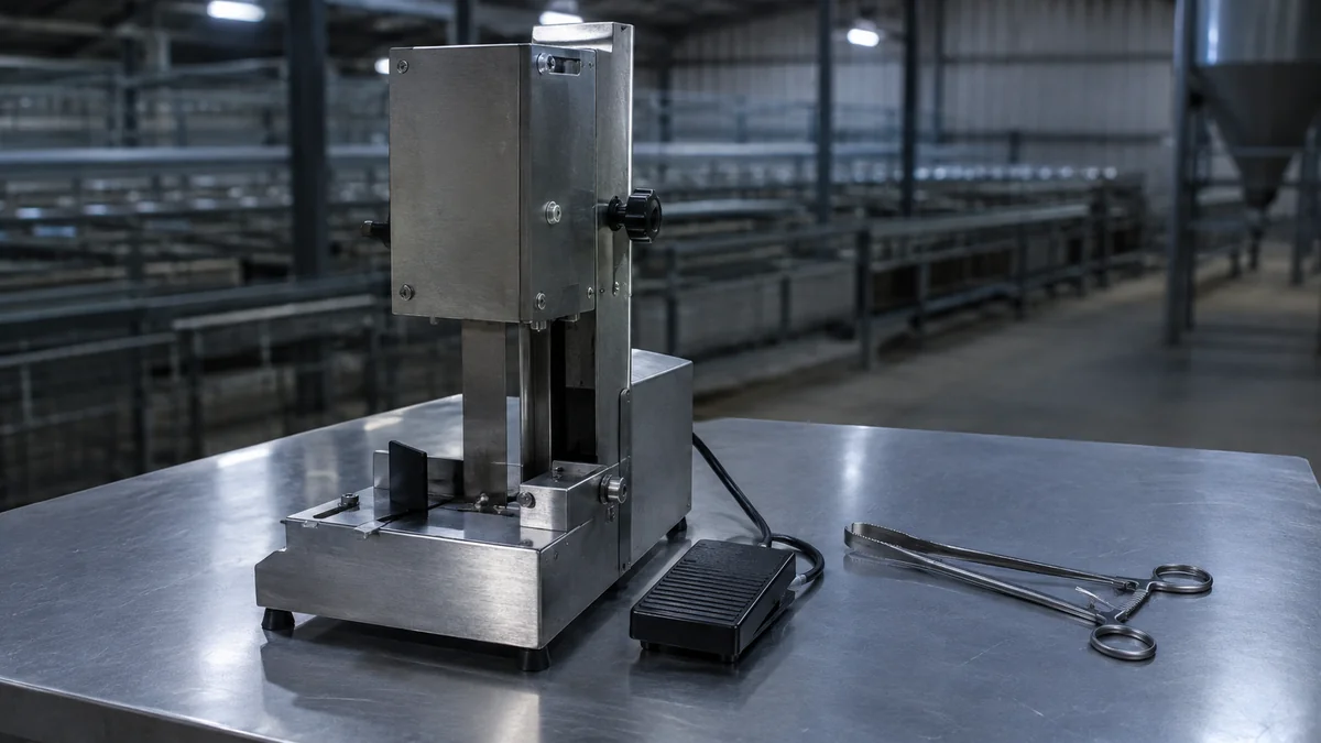 Máquina despicadora industrial de acero con pedal y pinzas metálicas sobre una mesa en un galpón avícola vacío