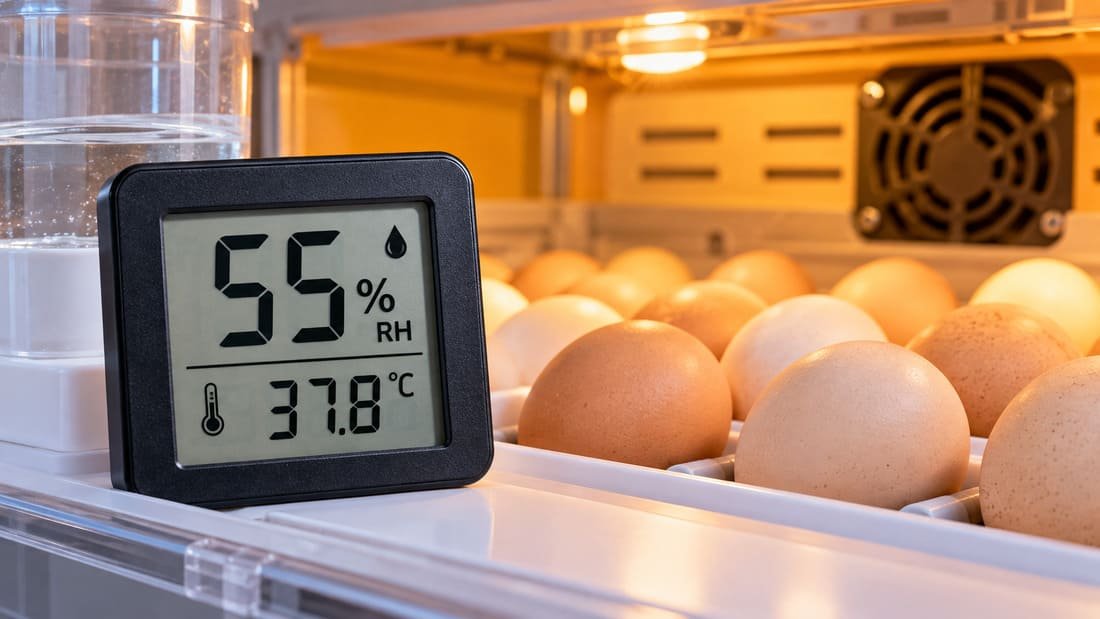 Higrómetro digital en una incubadora de huevos con temperatura en grados Celsius