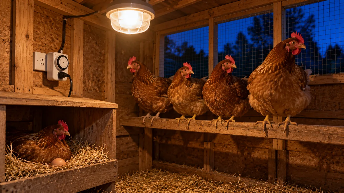 Gallinero iluminado con un foco LED de luz cálida y un temporizador antes del amanecer