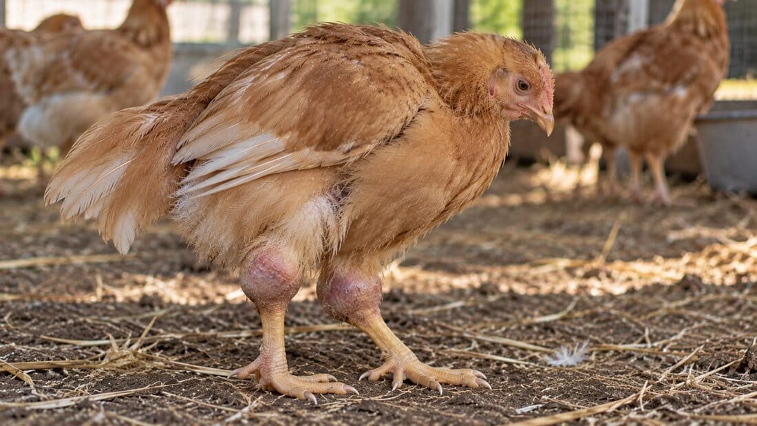 Pollona con infección por reovirus aviar: articulaciones de las patas hinchadas y enrojecidas