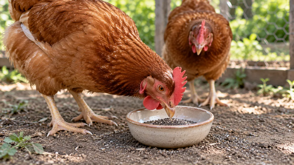Gallina colorada comiendo semillas de chía de un cuenco de cerámica en el gallinero