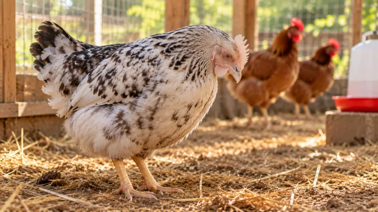 Gallina con la cresta y las barbillas muy pálidas y la cabeza baja, en un gallinero de traspatio