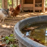 Recipiente con agua estancada y hojas dentro de un gallinero, donde pueden criarse insectos