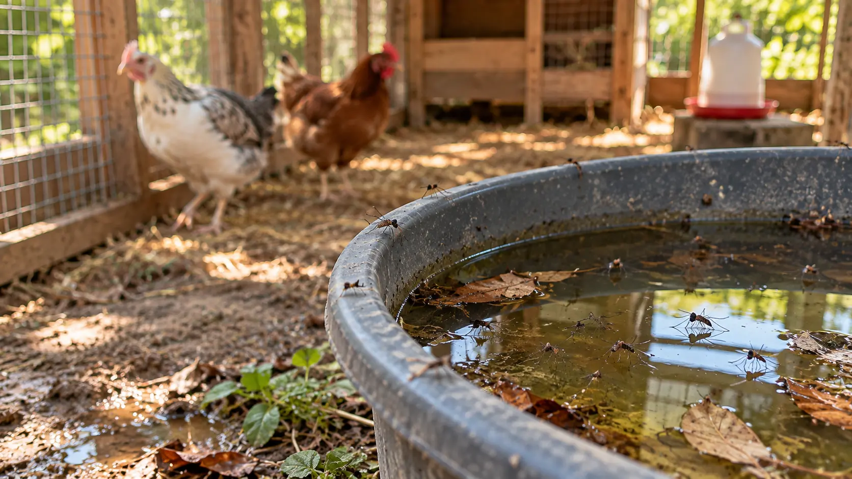 Recipiente con agua estancada y hojas dentro de un gallinero, donde pueden criarse insectos