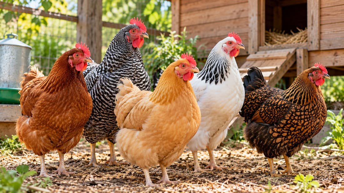 Diferentes razas de gallinas en un gallinero doméstico