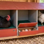 Tres ponederos trampa de madera con techo rojo, una gallina negra echada, una gallina blanca y un cajón tapado abierto con huevos