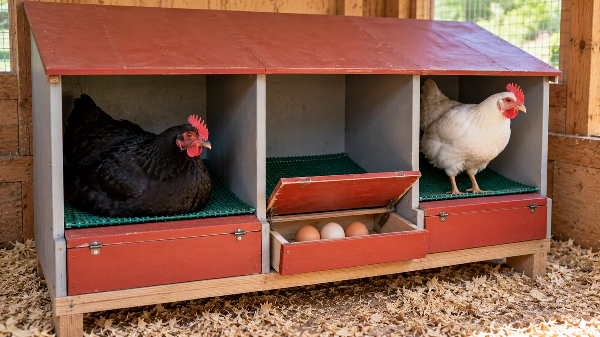 Tres ponederos trampa de madera con techo rojo, una gallina negra echada, una gallina blanca y un cajón tapado abierto con huevos