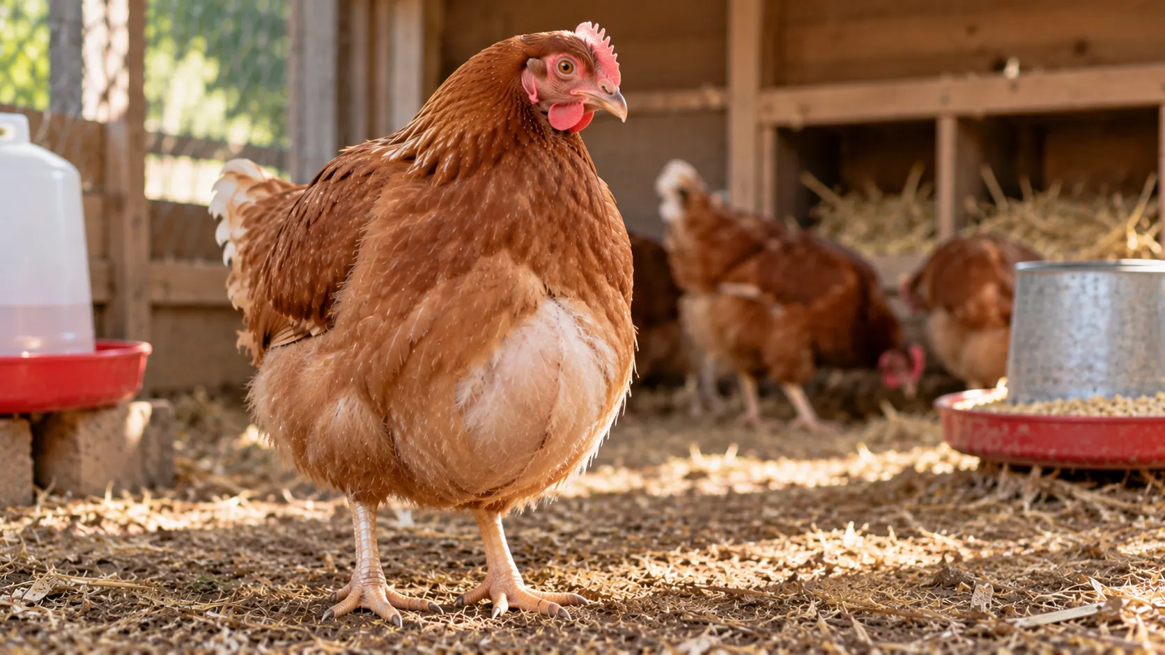 Gallina de pie con el abdomen redondeado e hinchado, un signo que aparece en algunos problemas del ovario