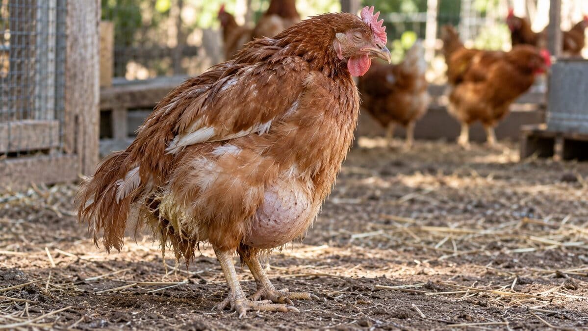 Gallina con peritonitis por huevo: abdomen hinchado, postura erguida y cola caída