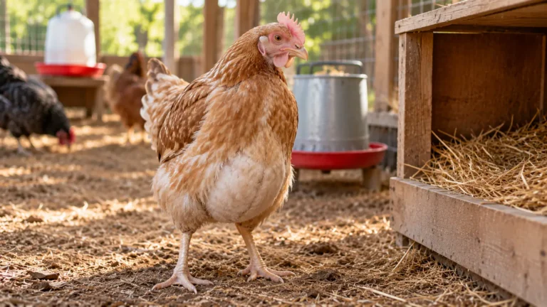 Gallina con el abdomen abultado y la cresta pálida junto a un nido vacío, signos que pueden verse cuando hay huevos dentro de la panza