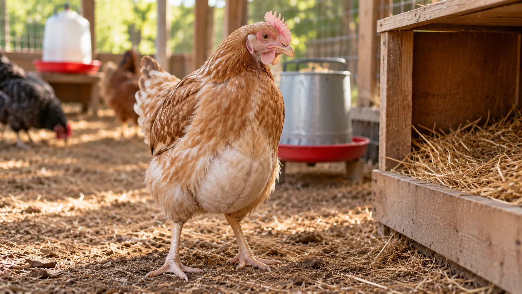 Gallina con el abdomen abultado y la cresta pálida junto a un nido vacío, signos que pueden verse cuando hay huevos dentro de la panza