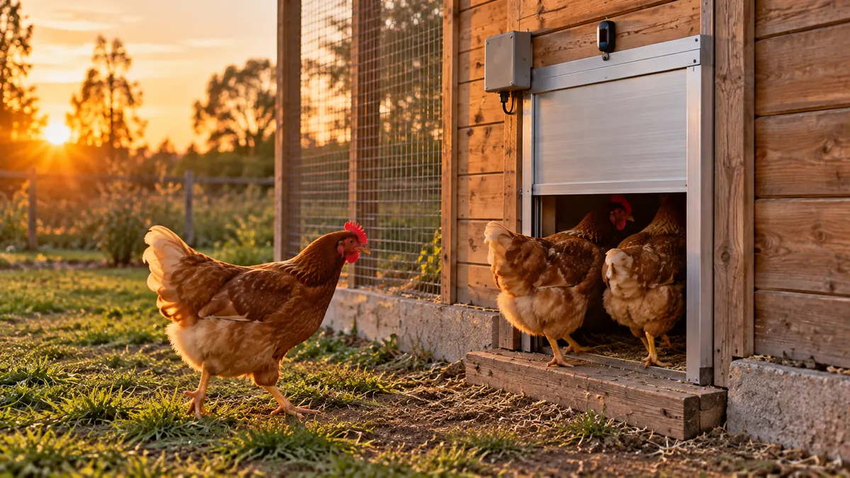 Puerta automática de guillotina cerrándose al atardecer mientras las gallinas entran al gallinero