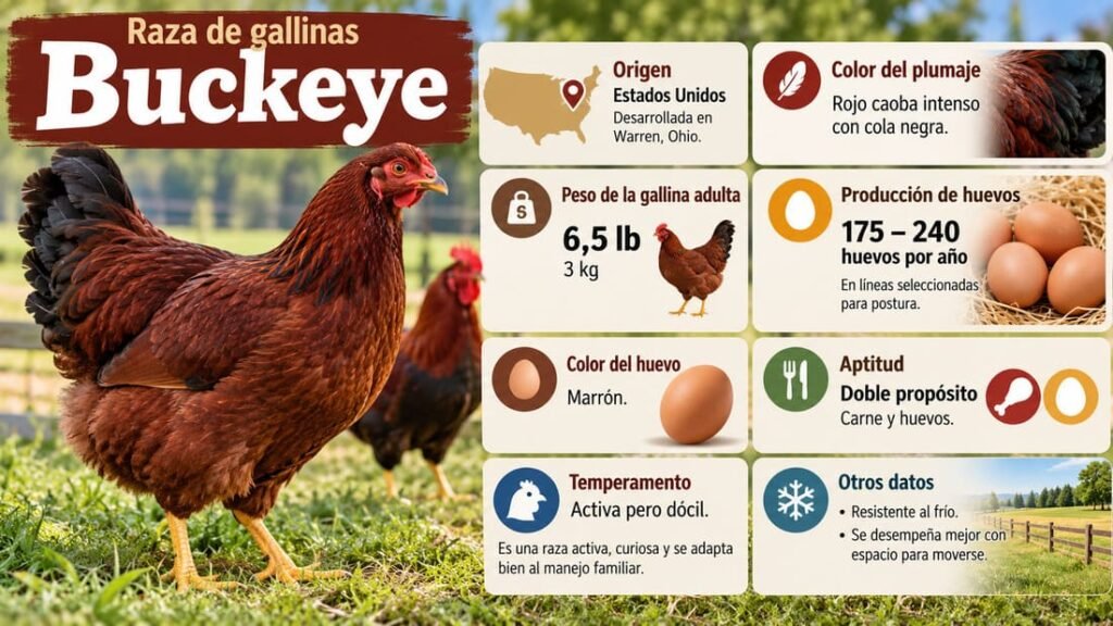 Infografía de la raza de gallinas Buckeye con características principales
