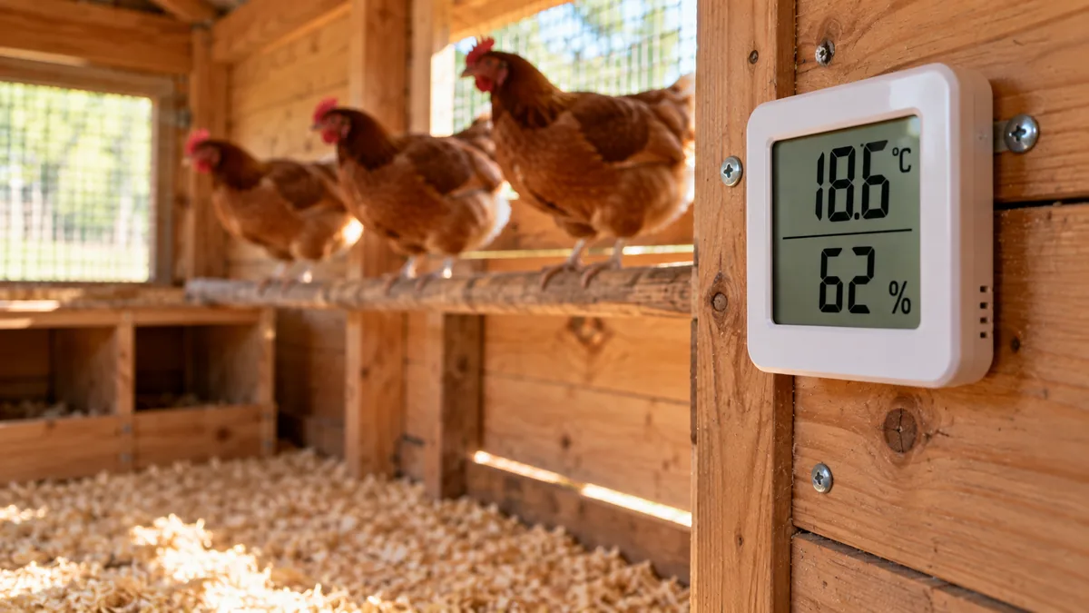 Termohigrómetro digital en la pared de un gallinero junto a la percha de las gallinas