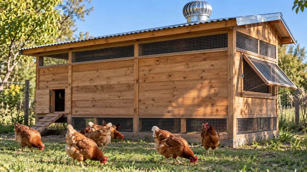 Gallinero de madera con franja de ventilación bajo el techo y extractor eólico